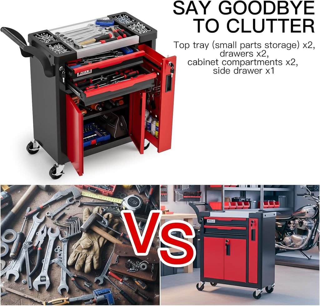 Coffre à outils à 2 tiroirs | Coffre à outils roulant avec roulettes et tiroir latéral | Tiroirs verrouillables | Servante/armoire à outils avec tiroirs pour garage et atelier | Coins arrondis pour plus de sécurité et une protection anti-collision |