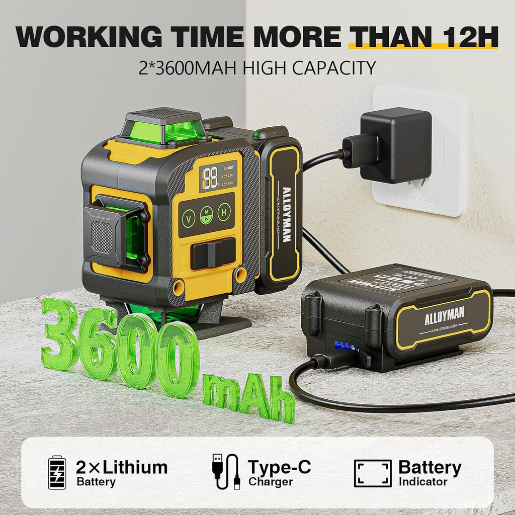 Niveau laser autonivelant Alloyman 4x360°, perche laser pour usage professionnel de 3,7 m (12 pi) doté de trépied, outil de niveau laser à ligne verte doté de 2 batteries Li-ion destiné à la pose de tableaux, de carrelage et la rénovation...