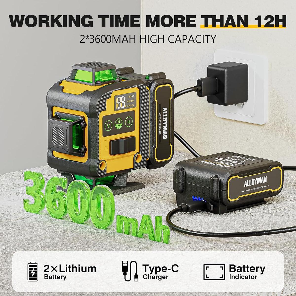 Niveau laser autonivelant Alloyman 4x360°, perche laser pour usage professionnel de 3,7 m (12 pi) doté de trépied, outil de niveau laser à ligne verte doté de 2 batteries Li-ion destiné à la pose de tableaux, de carrelage et la rénovation...