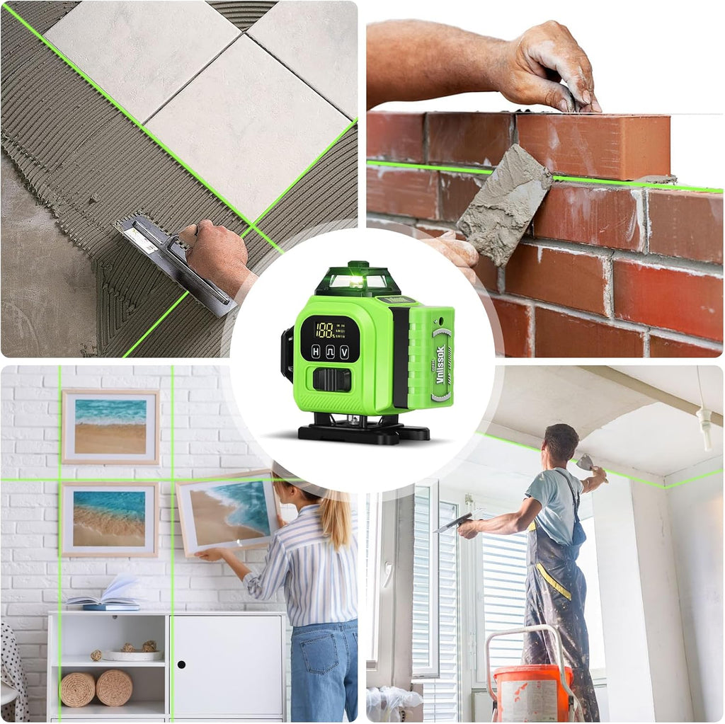 Niveau laser 16 lignes à nivellement automatique 360°, niveau laser pour usage professionnel 4D à lignes croisées vertes 4x360° doté de 2 piles, destiné à la construction et l'accrochage de tableaux, outil de nivellement horizontal (vert)