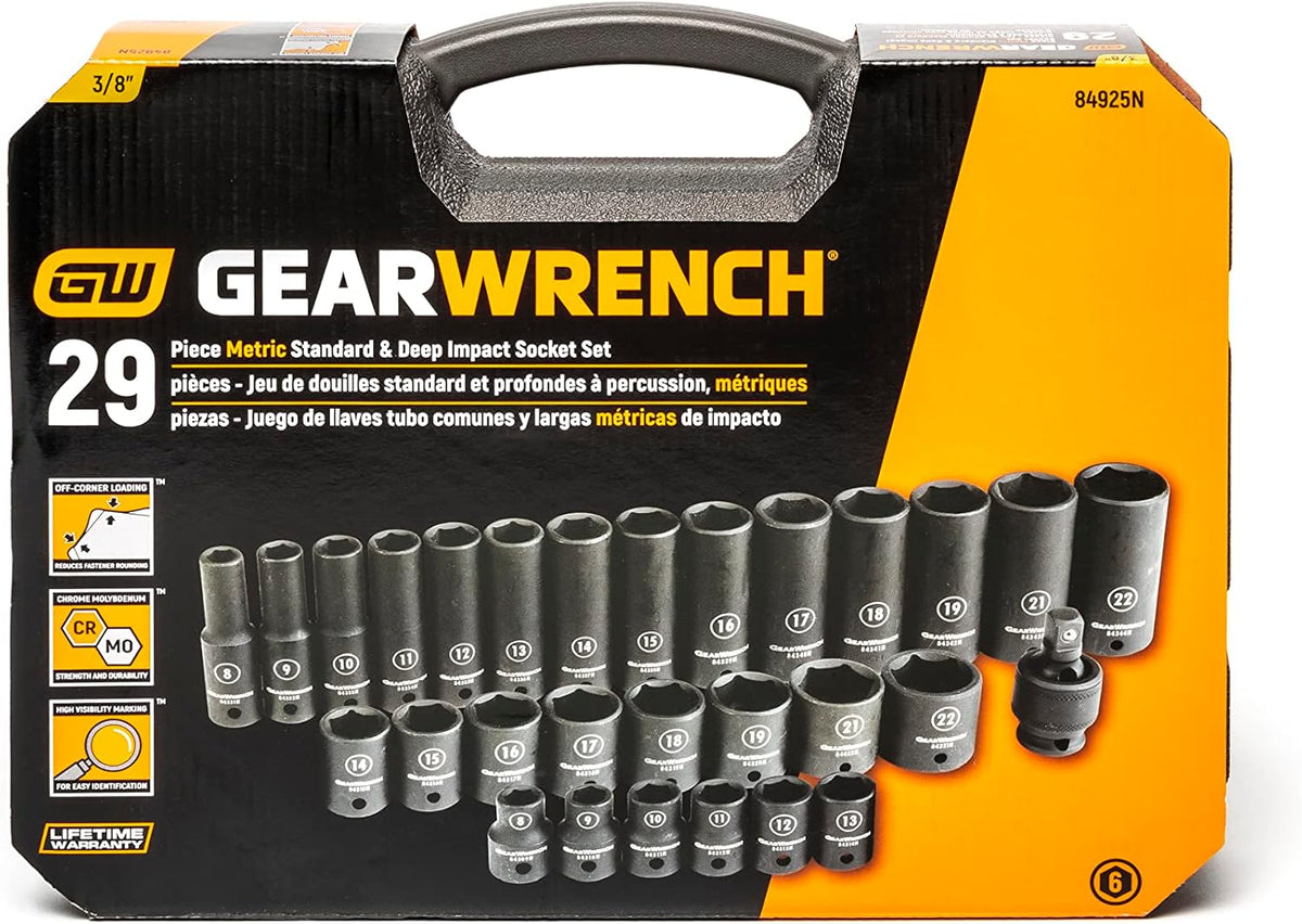 Ensemble de 29 douilles à impact 6 pans, entraînement 3/8", standard et profondes, métriques GEARWRENCH - 84925N