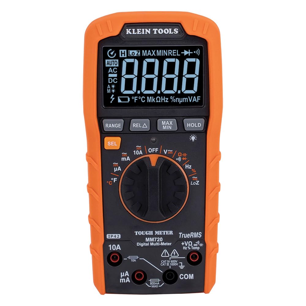 Multimètre numérique Klein Tools MM720, sélection automatique pour la gamme, TRMS, faible impédance (LoZ), tension AC/DC 1000 V, courant AC/DC 10 A, résistance 60 MΩ