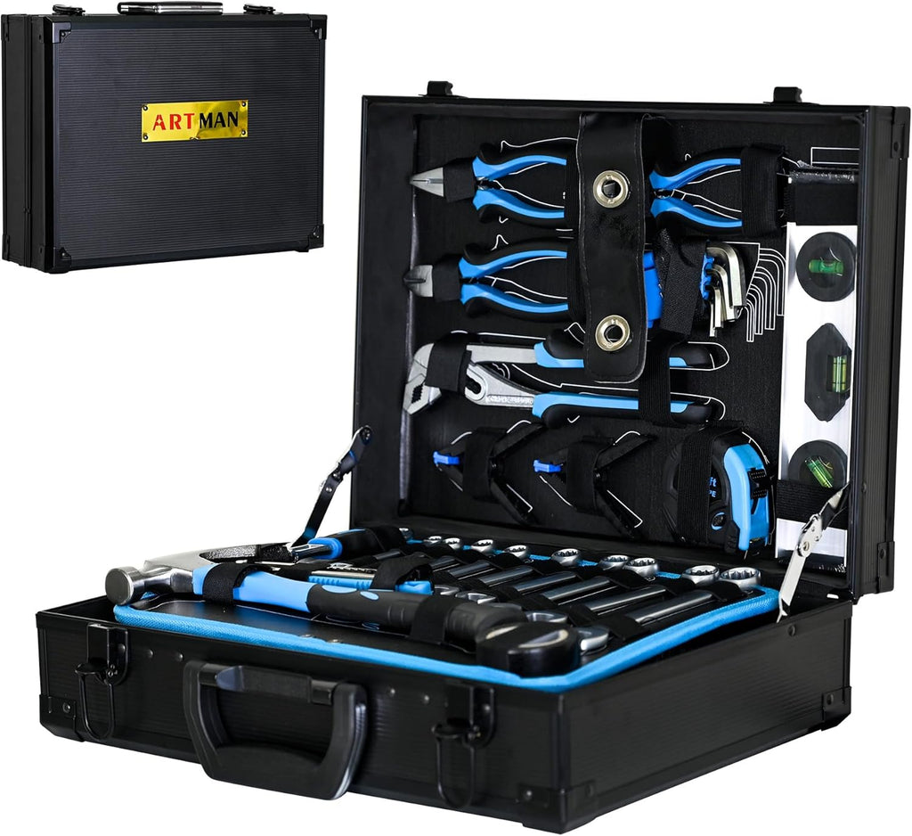 Coffret d'outils de mécanicien 247 pièces, coffret à outils en aluminium de qualité supérieure avec outils inclus, kit d'outils de réparation générale pour la maison, l'automobile et le bricolage, jeu de clés à douille 1/4 et 1/2, bleu