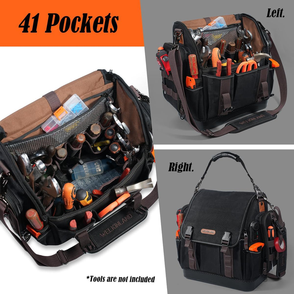 Sac à équipements d'électricien WELKINLAND à 41 poches, sac à équipements CVC de 35,5 cm, sac à équipements en toile cirée robuste, sac à équipements à fond rigide, sac à équipements à ouverture supérieure stable, sac à équipements à accès rapide...