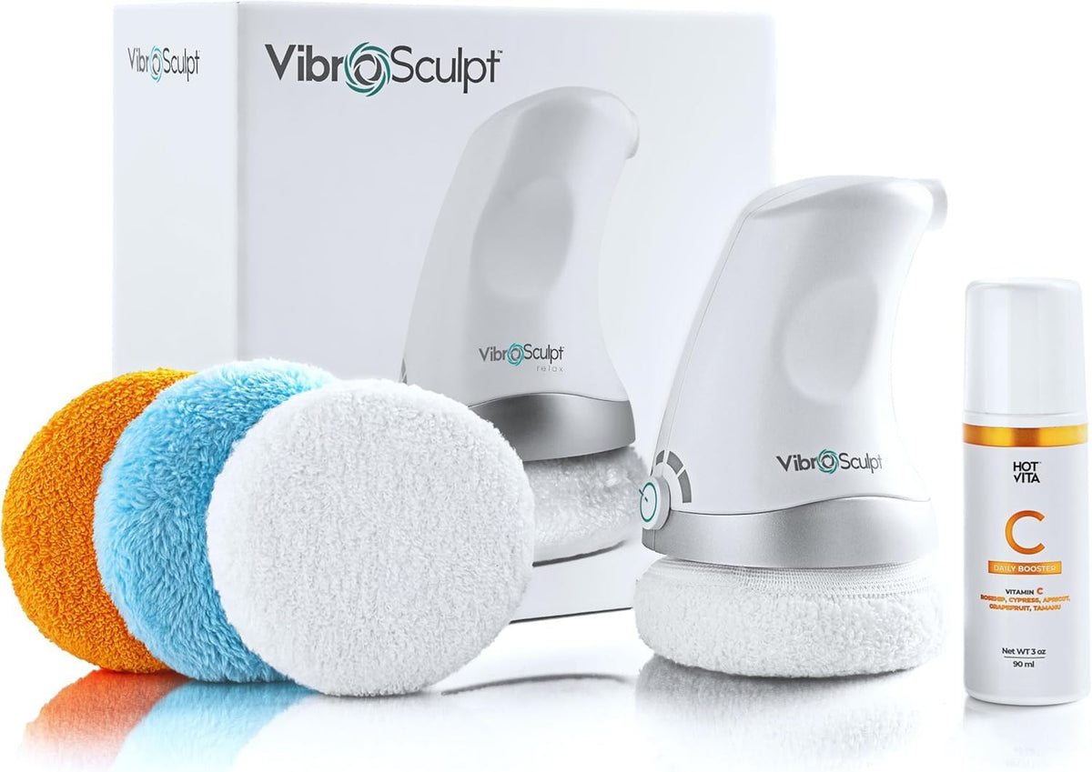 Appareil de massage destiné à drainage lymphatique Vibro Sculpt – Dispositif et masseur anti-cellulite, masseur corporel portatif destiné à le ventre et les jambes – Comprend des électrodes professionnelles et de l'huile de vitamine C