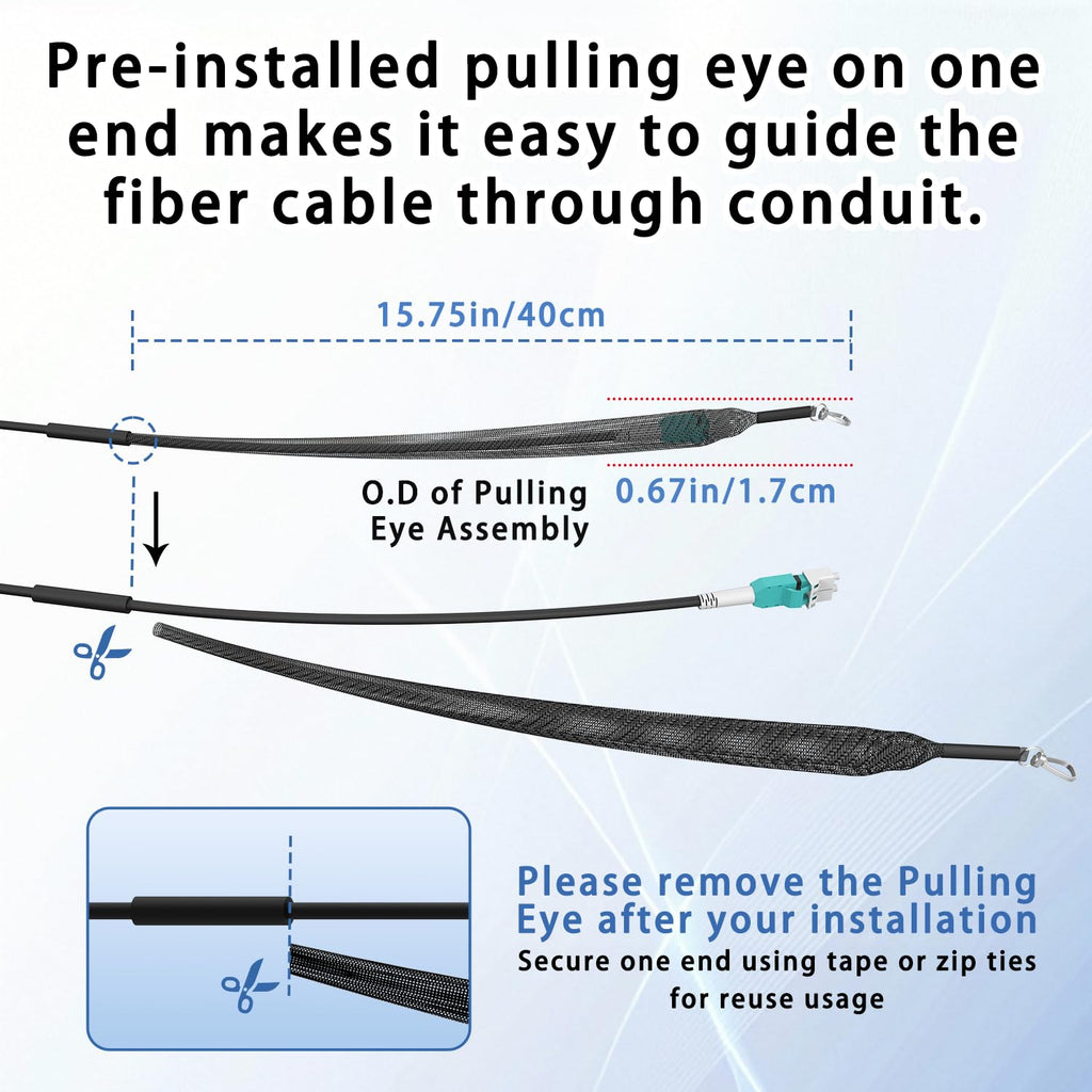 Câble pour brassage fibre optique blindé extérieur 100 m / 328 pi OM3/OM4 LC à LC, multimode duplex 50/125 µm, 10 Gb/40 Gb/100 Gb, gaine TPU industrielle, enfouissement direct, Uniboot, diamètre extérieur MMF 5 mm, kit d'œillet de traction installé