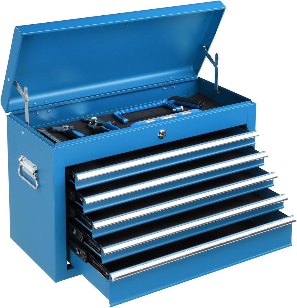 Coffre à outils portable Winado 24, coffre à outils à 5 tiroirs avec poignée de transport, compartiment supérieur, glissières à billes, coffre à outils métallique verrouillable pour garage, entrepôt, atelier de réparation et maison, bleu – Pratique