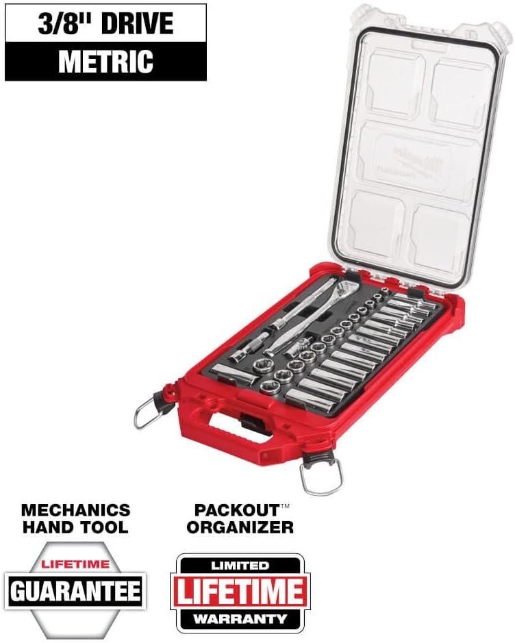 Ensemble de 32 pièces Milwaukee 48-22-9482 comprenant une clé à cliquet et des douilles métriques 3/8 po, doté de étui PACKOUT.