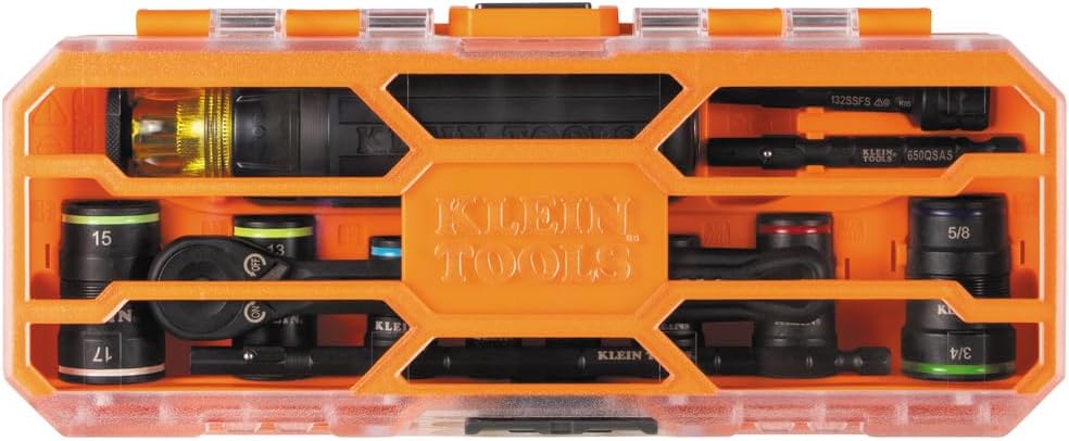 Ensemble de douilles à impact Klein Tools 65242 KNECT, jeu de tournevis à cliquet, entraînement 1/4", 4 douilles SAE et 4 douilles métriques réversibles, 16 tailles hexagonales, adaptateurs, coffret MODbox
