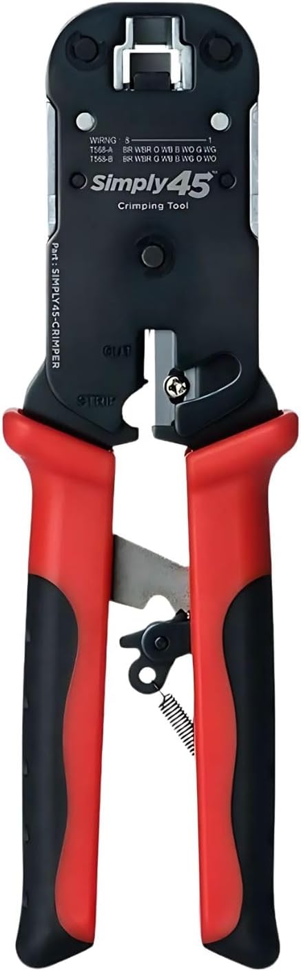 Pince à sertir Simply45 destiné à connecteurs RJ45 traversants non blindés et blindés doté de mise à la terre interne - Dénudeur/coupe-câbles intégré - S45-C100