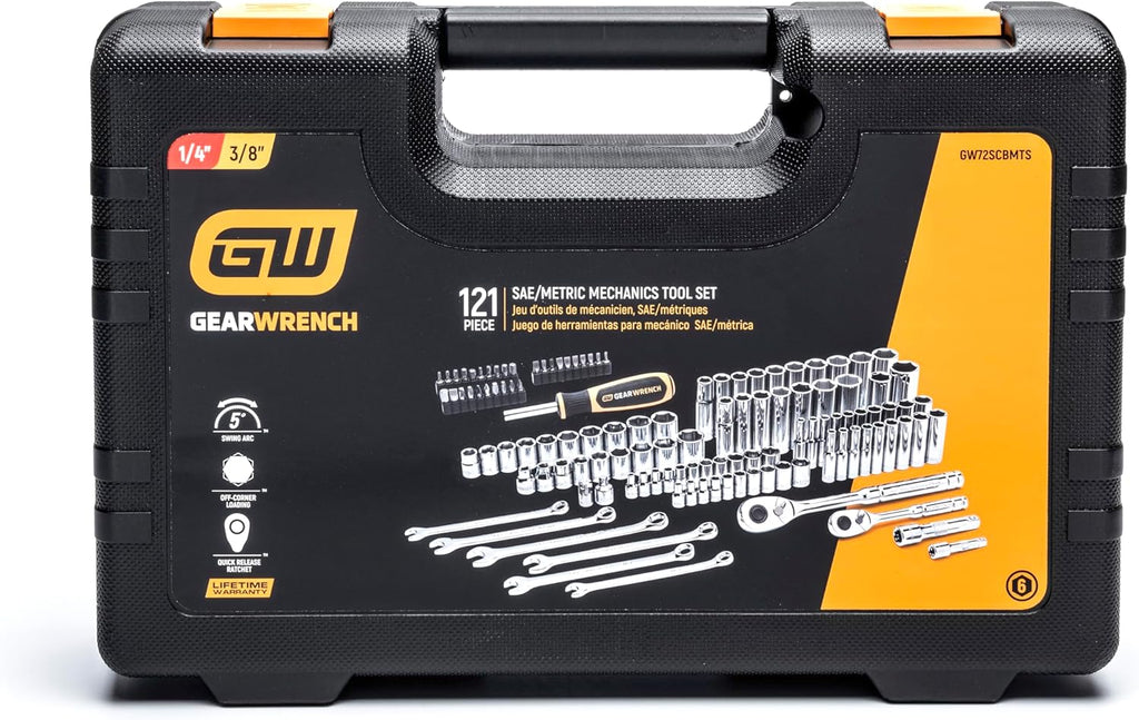 Ensemble d'équipements à main GEARWRENCH 121 pièces, entraînement 1/4" et 3/8", 72 dents, dimensions SAE/métriques | GW72SCBMTS