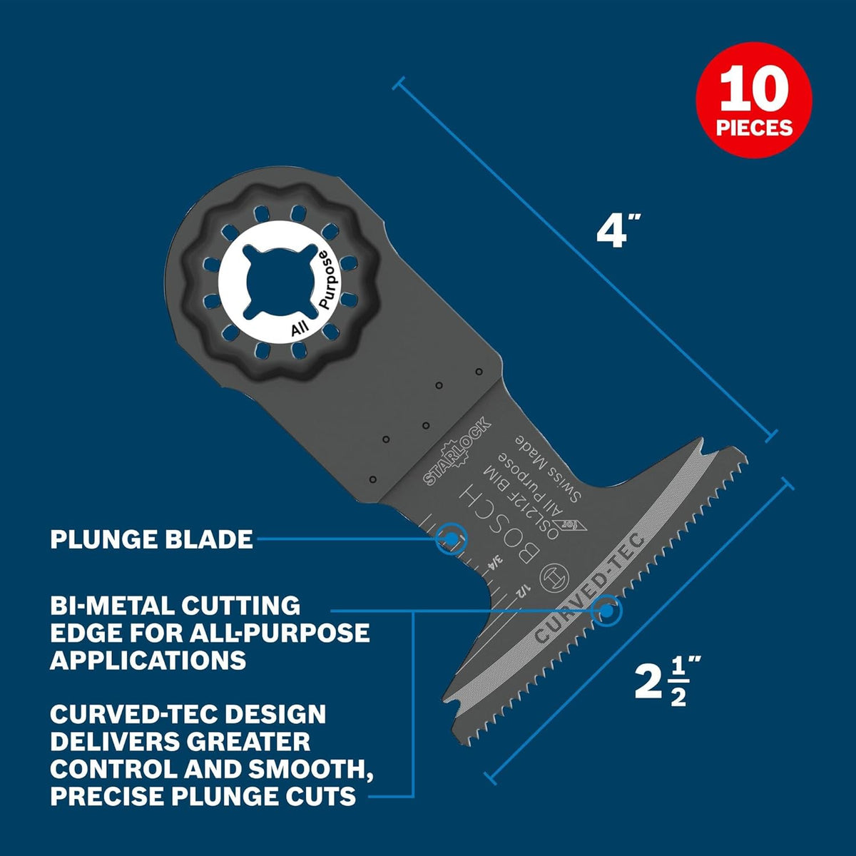 Bosch OSL212F-10 2-1/2 po Starlock® Dispositif multifonction oscillant Lame de coupe plongeante bimétallique Paquet de 10