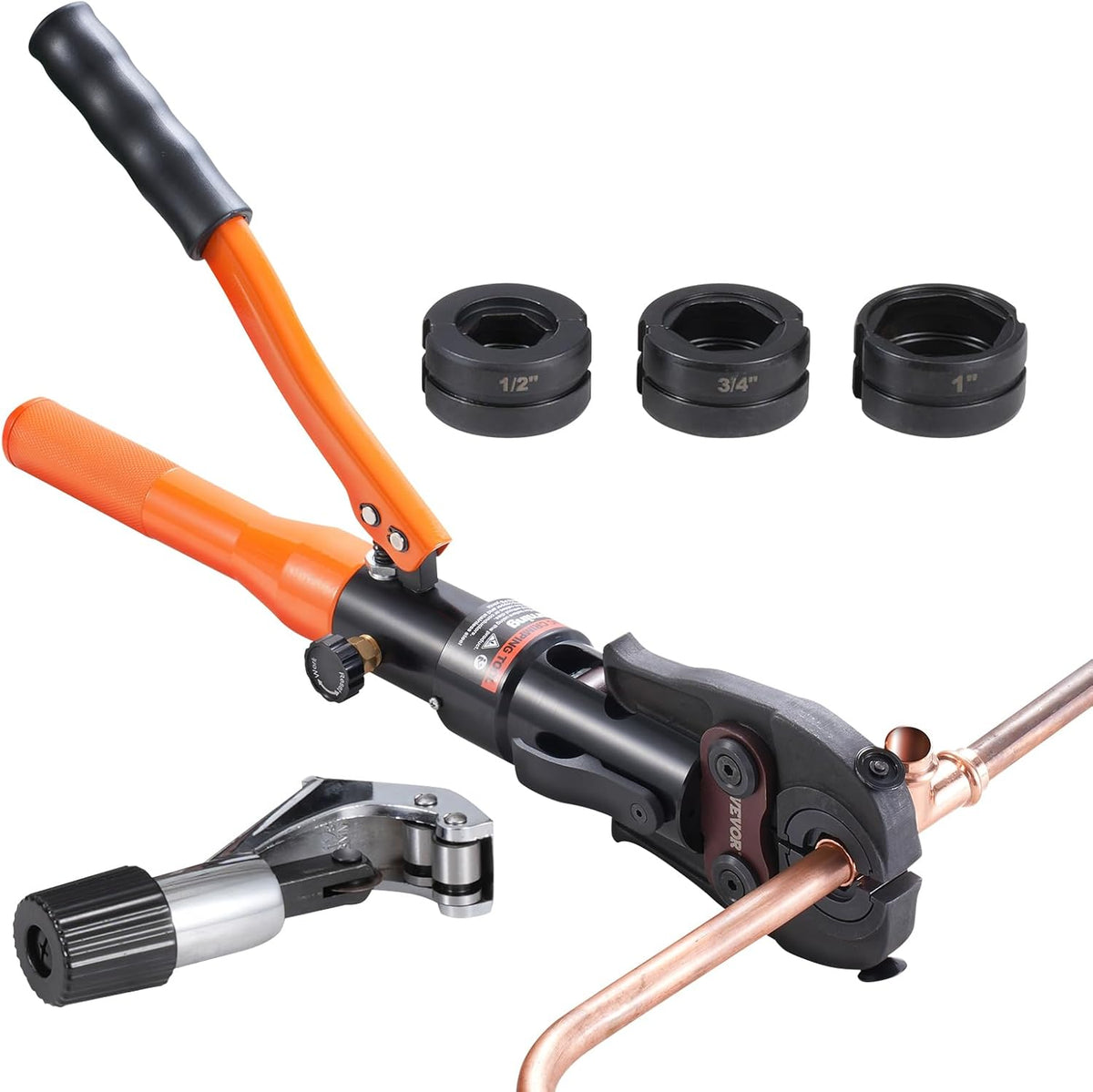 Dispositif de sertissage de tubes en cuivre VEVOR, presse hydraulique doté de mâchoires de 1/2, 3/4 et 1 pouce, sertisseur de tubes en cuivre destiné à espaces restreints et raccords en T