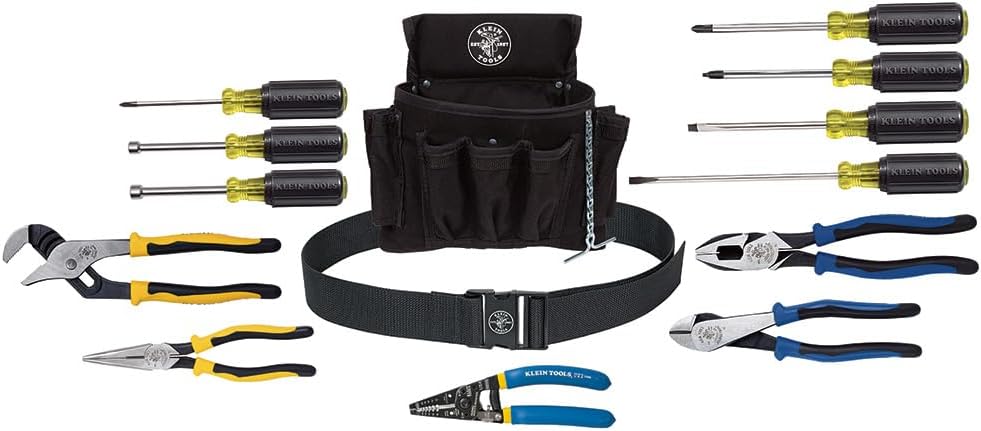 Trousse à équipements 92914, comprenant équipements de base, pochette et ceinture, idéale destiné à les compagnons, les monteurs de lignes, les professionnels et les particuliers (14 pièces).