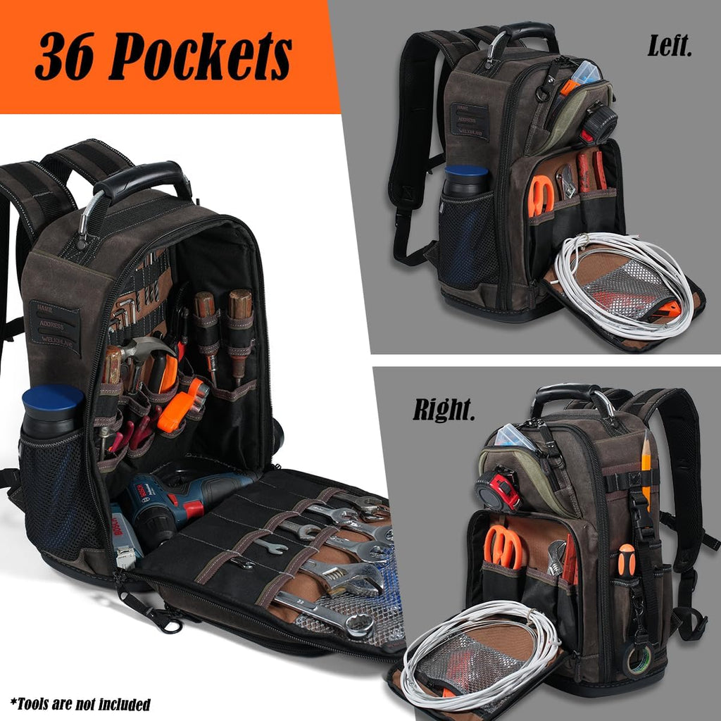 Sac à dos d'électricien WELKINLAND à 36 poches, sac à dos rigide destiné à techniciens CVC, sac à dos en toile cirée destiné à techniciens, sac à dos à équipements robuste destiné à hommes