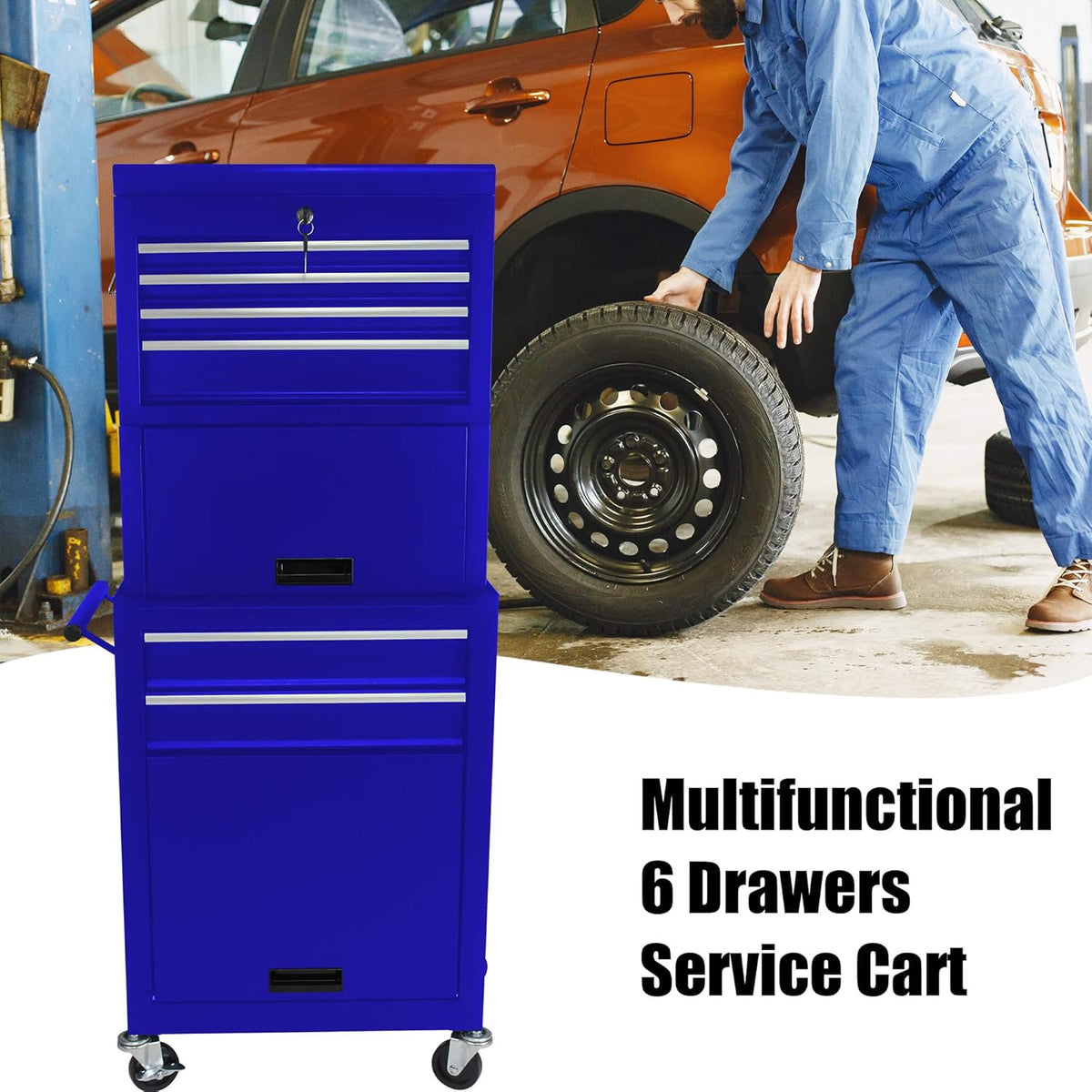 Coffre à outils roulant RYH à 6 tiroirs | Servante métallique robuste avec tiroirs à roulement à billes | Compatible avec les boîtes à outils US General pour le rangement dans le garage (Bleu, 6 tiroirs, 7,6 cm x 132 cm H × 53 cm L)