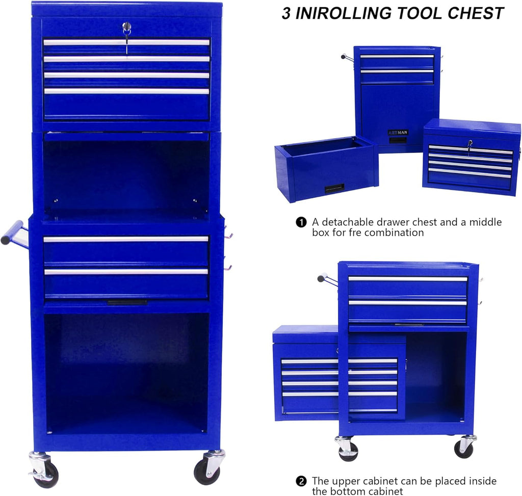 Coffre à outils roulant RYH à 6 tiroirs | Servante métallique robuste avec tiroirs à roulement à billes | Compatible avec les boîtes à outils US General pour le rangement dans le garage (Bleu, 6 tiroirs, 7,6 cm x 132 cm H × 53 cm L)