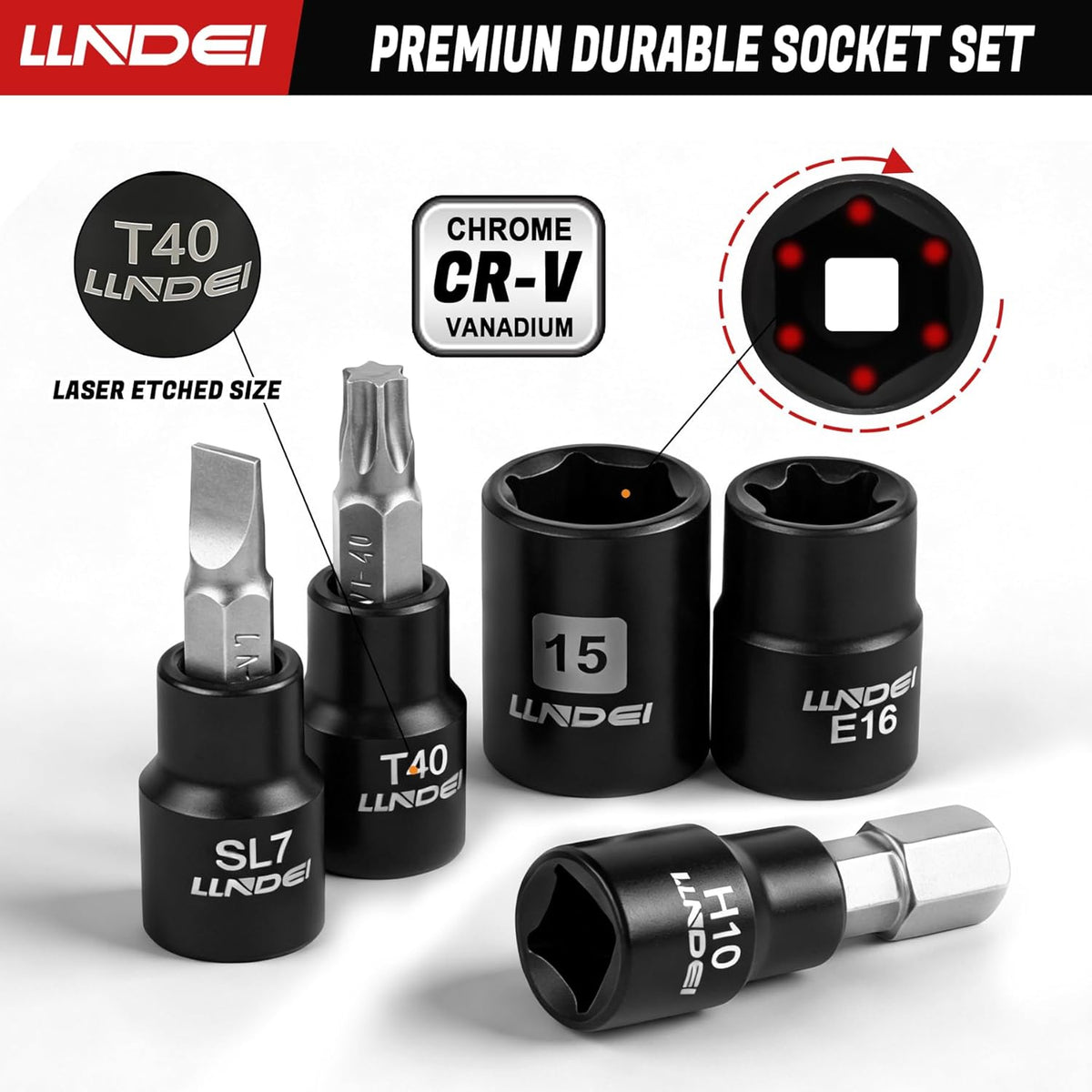 Clé à cliquet électrique sans fil LLNDEI doté de jeu de douilles, cliquet 3/8", couple de 54 Nm (40 pi-lb) à vitesse réglable, batterie lithium-ion 2000 mAh et chargeur inclus, 52 pièces