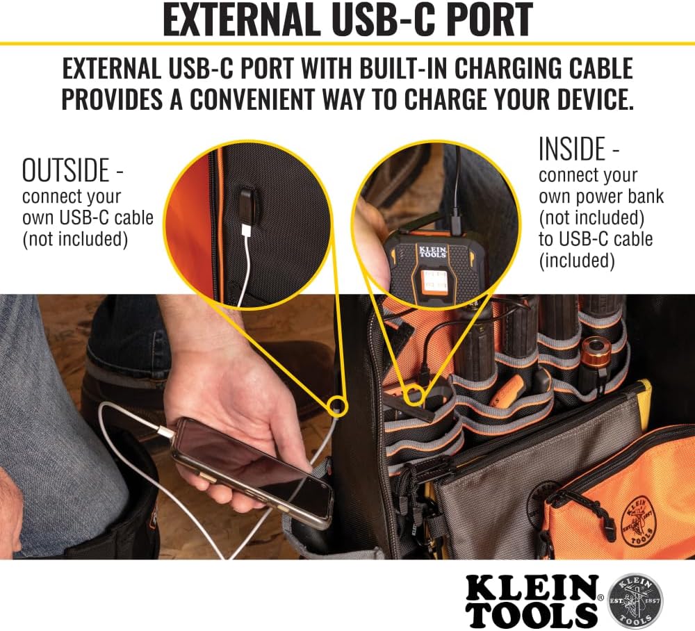 Sac à dos à équipements Klein Tools 62800BP, sac à dos de chantier Tradesman Pro extra-large à 40 poches destiné à électricien, doté de fond moulé et port de chargement