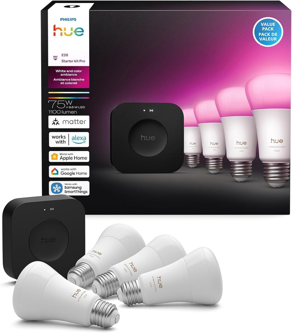 Ensemble de démarrage Philips Hue : Bridge Pro + 4 ampoules connectées A19 E26, blanc et couleur, intensité réglable, hub d'éclairage intelligent, compatible doté de Apple Home, Alexa, Google et Samsung SmartThings