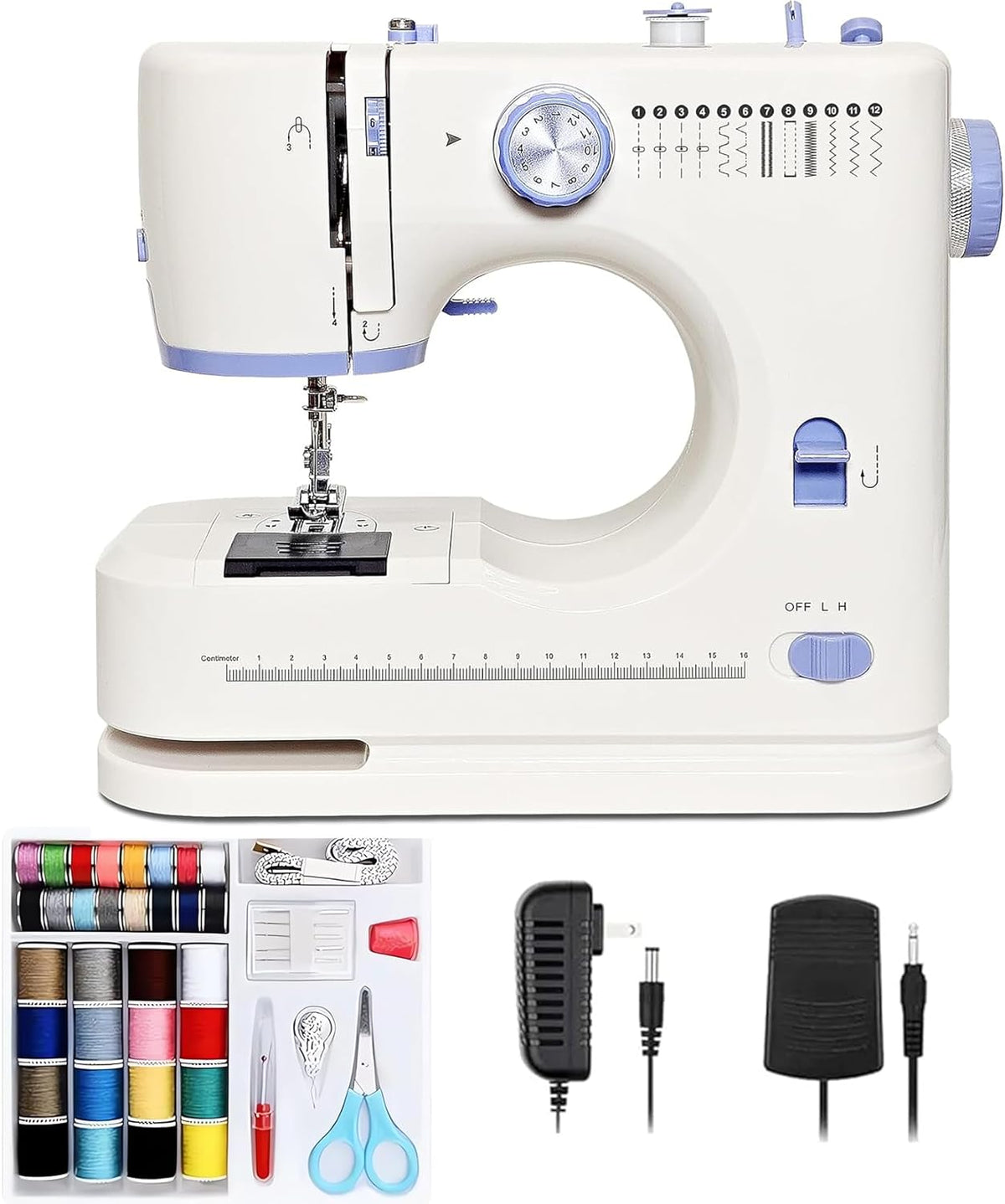 Machine à coudre destiné à débutants doté de 12 points intégrés, petite machine à coudre doté de kit d'accessoires, mini machine à coudre 2 vitesses (rapide et lente)