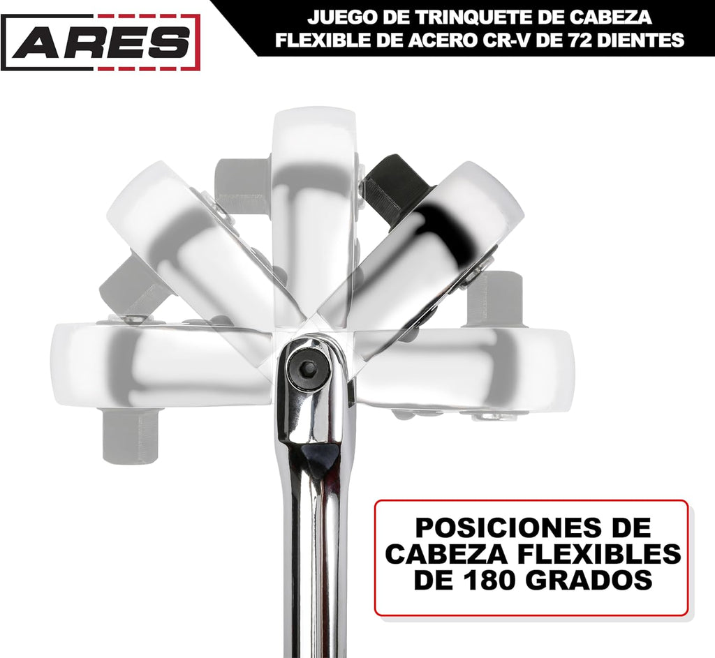 ARES 42040 - Jeu de cliquets à tête flexible - 4 cliquets 72 dents - Construction en acier au chrome-vanadium de qualité supérieure et finition chromée - Conception réversible à dégagement rapide doté de un angle de rotation de 5°