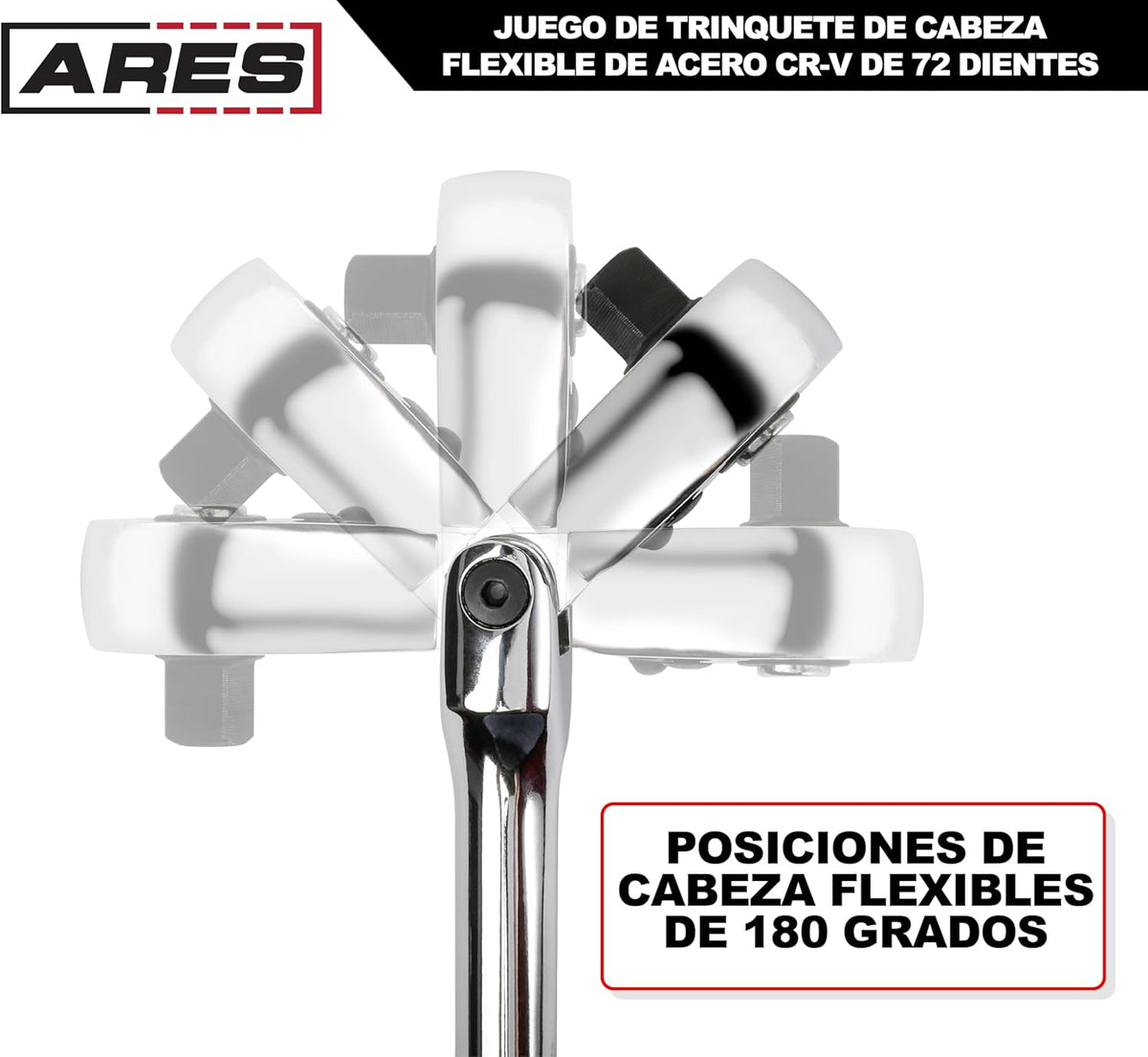 ARES 42040 - Jeu de cliquets à tête flexible - 4 cliquets 72 dents - Construction en acier au chrome-vanadium de qualité supérieure et finition chromée - Conception réversible à dégagement rapide doté de un angle de rotation de 5°