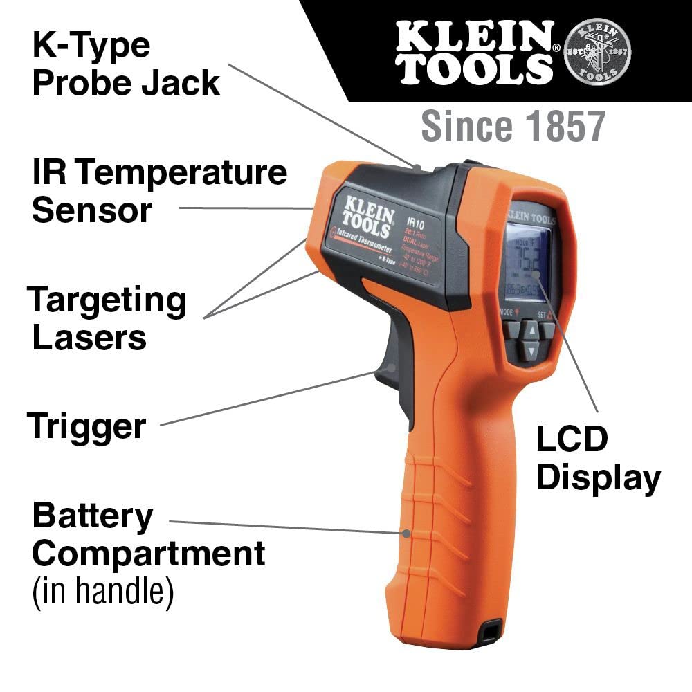 Thermomètre infrarouge Klein Tools IR10, pistolet thermomètre numérique doté de double laser de visée, rapport de grossissement 20:1