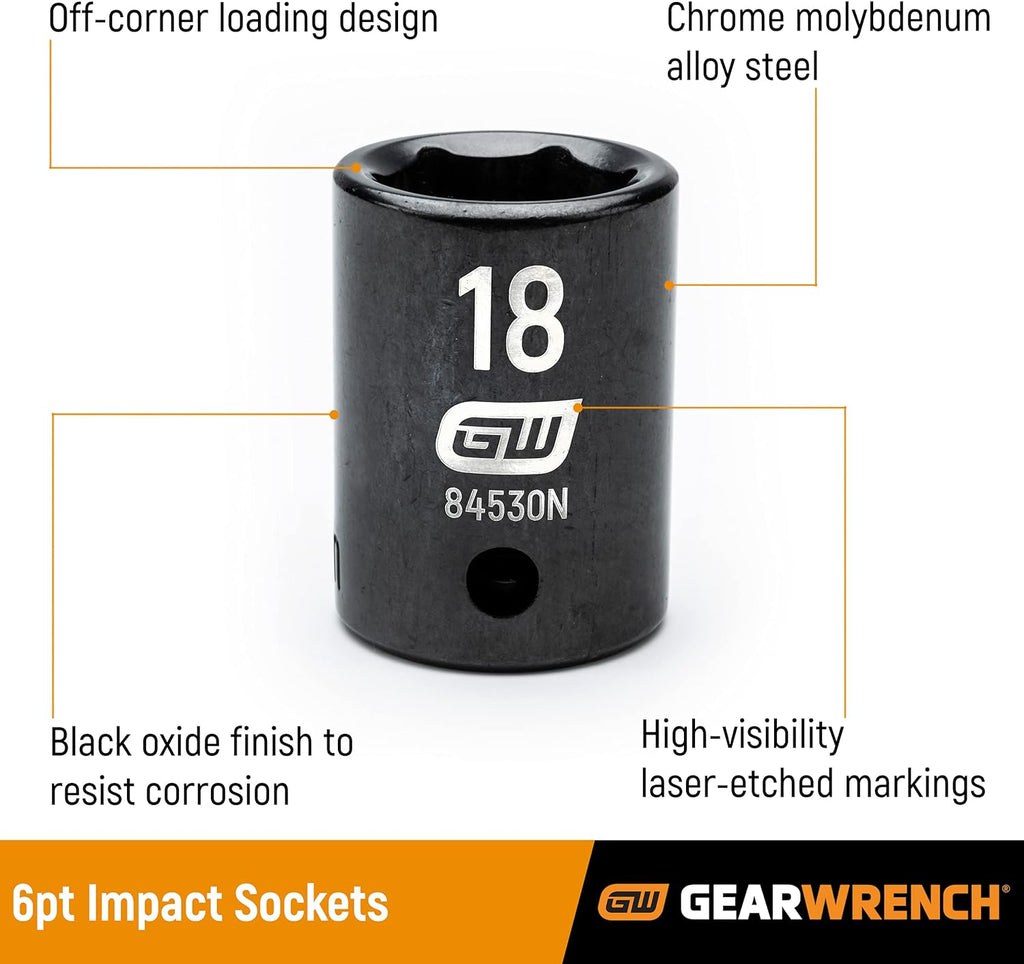 Ensemble de 29 douilles à impact 6 pans, entraînement 3/8", standard et profondes, métriques GEARWRENCH - 84925N