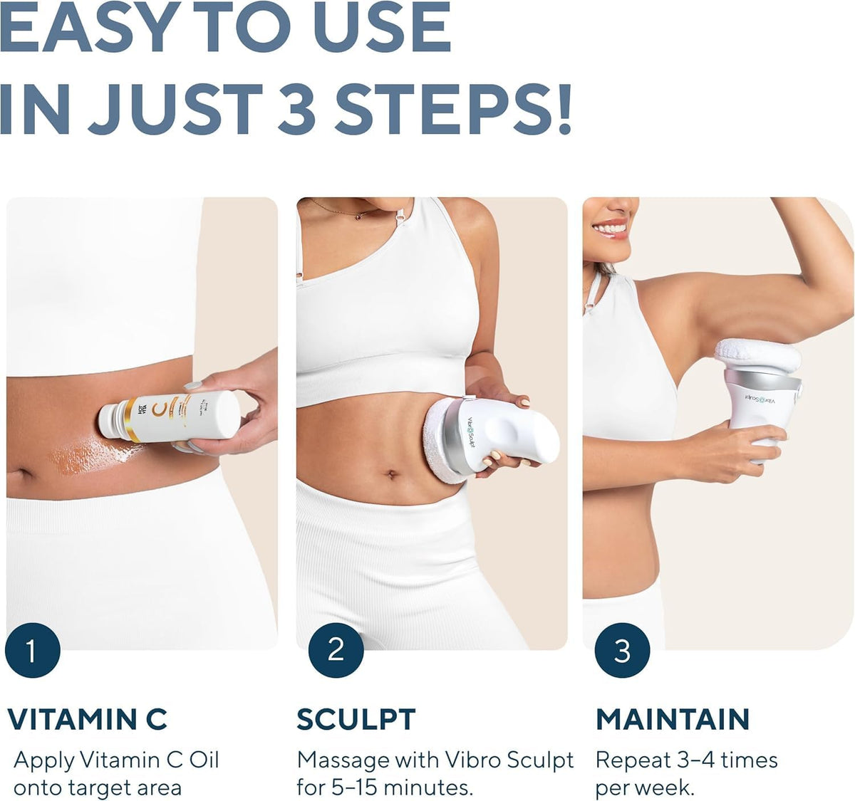 Appareil de massage destiné à drainage lymphatique Vibro Sculpt – Dispositif et masseur anti-cellulite, masseur corporel portatif destiné à le ventre et les jambes – Comprend des électrodes professionnelles et de l'huile de vitamine C