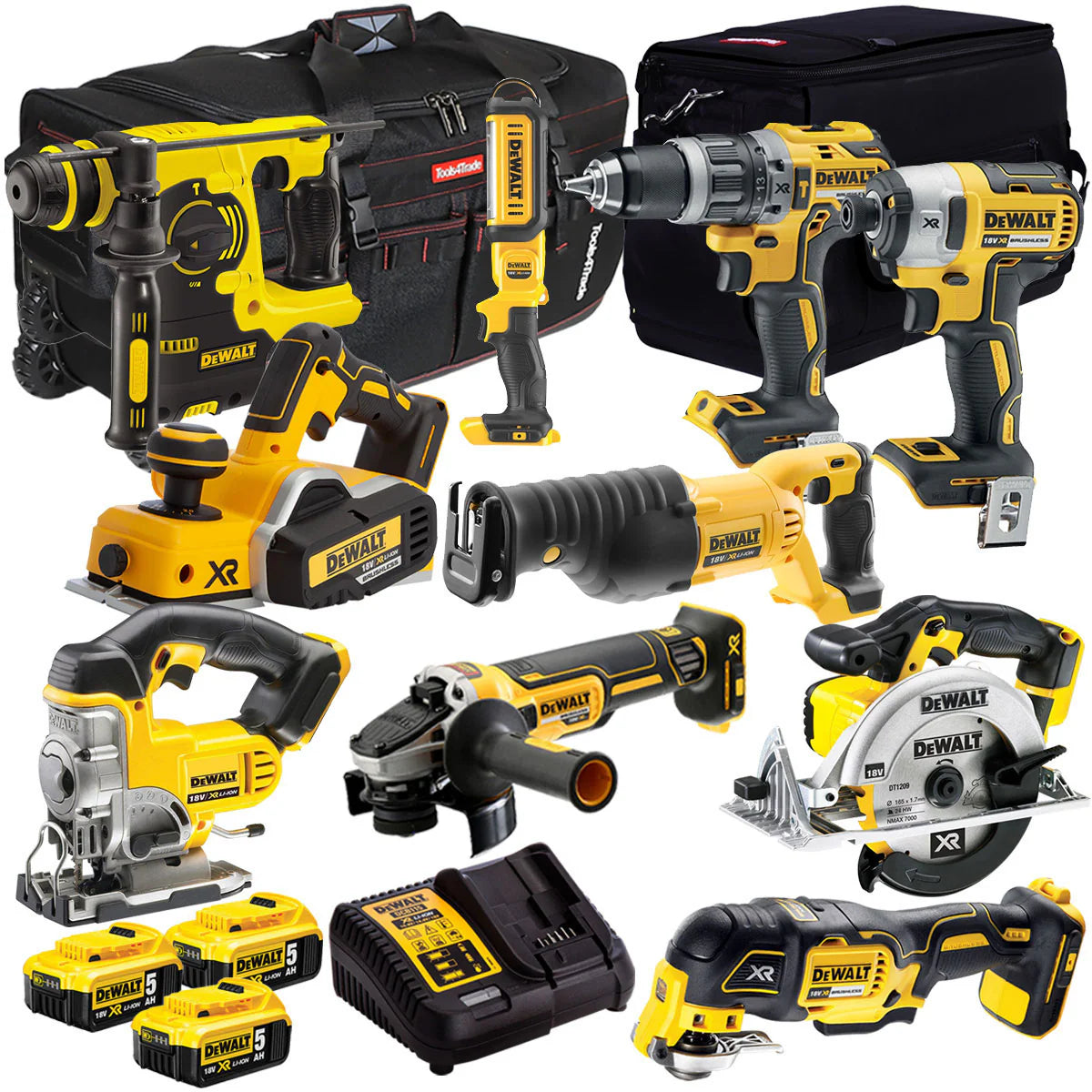 ensemble d'équipements électriques DeWalt DCK10BTSKIT1 18 V, 10 pièces, doté de 3 batteries 5,0 Ah et chargeur.
