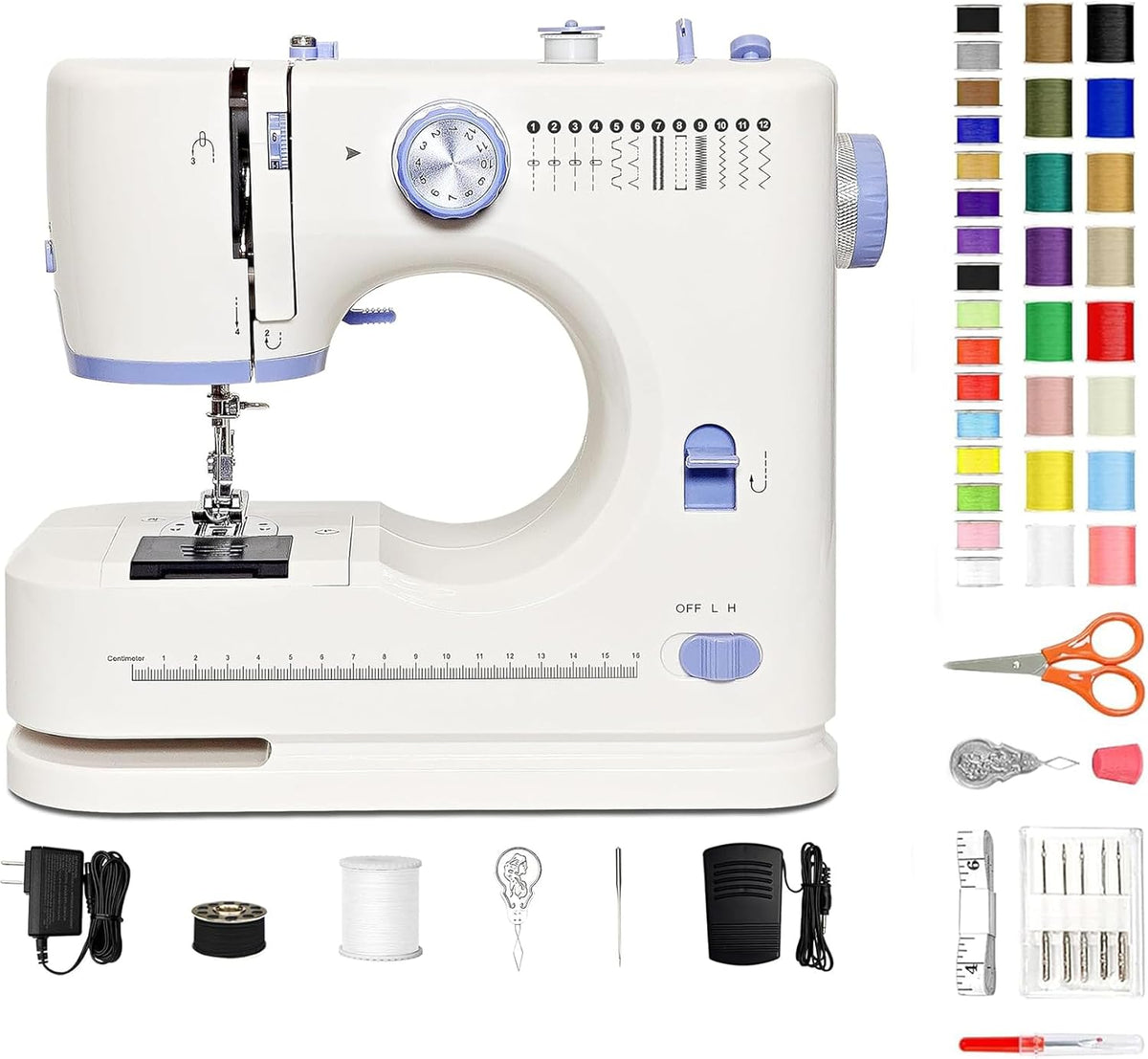 Machine à coudre destiné à débutants doté de kit de couture de 42 pièces, 12 points intégrés, deux vitesses et un éclairage LED.