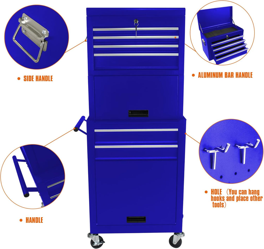 Coffre à outils roulant RYH à 6 tiroirs | Servante métallique robuste avec tiroirs à roulement à billes | Compatible avec les boîtes à outils US General pour le rangement dans le garage (Bleu, 6 tiroirs, 7,6 cm x 132 cm H × 53 cm L)