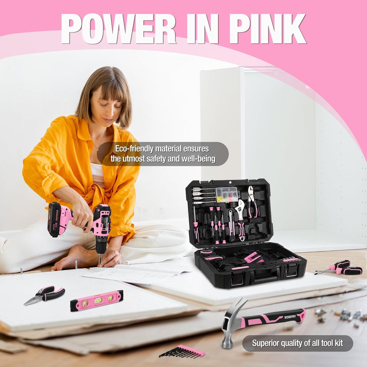 Perceuse-visseuse sans fil WORKPRO 20V rose et coffret d'outils pratiques pour la maison, kit de 141 pièces pour le bricolage et l'entretien de la maison, batterie Li-ion 2,0 Ah, chargeur rapide 1 heure et coffret à outils inclus - Ruban rose