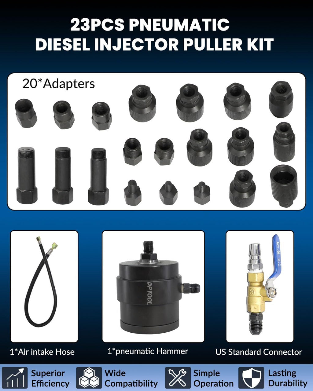 Kit d'extracteur d'injecteurs de carburant diesel pneumatique universel doté de outil à air comprimé, compatible doté de les moteurs diesel Mercedes-Benz, Bosch, Siemens, etc.