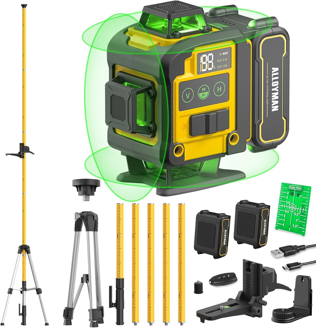 Niveau laser autonivelant Alloyman 4x360°, perche laser pour usage professionnel de 3,7 m (12 pi) doté de trépied, outil de niveau laser à ligne verte doté de 2 batteries Li-ion destiné à la pose de tableaux, de carrelage et la rénovation...