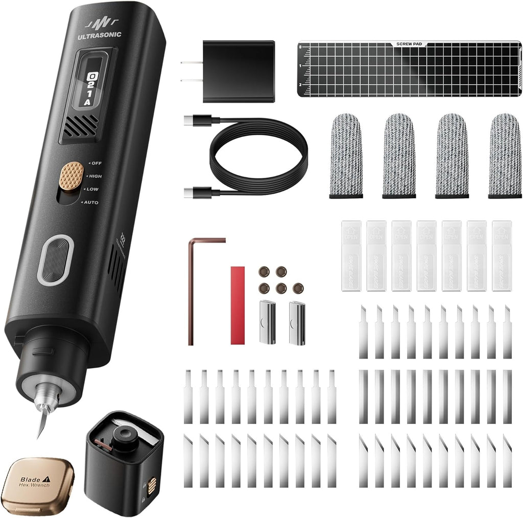 Couteau de découpe ultrasonique portatif Pro 40 kHz 35 W, 50 lames de rechange, ensemble d'équipements de découpe multifonctionnel à puissance réglable destiné à modèles imprimés en 3D, plastique, bois, résine, acrylique, cuir
