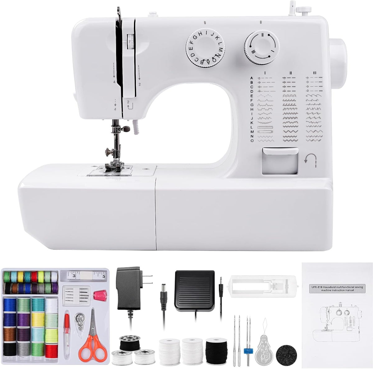 Mini machine à coudre destiné à enfants débutants, machine à coudre portable doté de 45 points intégrés et grande vitesse, double aiguille et kit de couture 42 pièces, prise US (110 V), cadeau idéal destiné à les femmes et les mamans qui aiment...