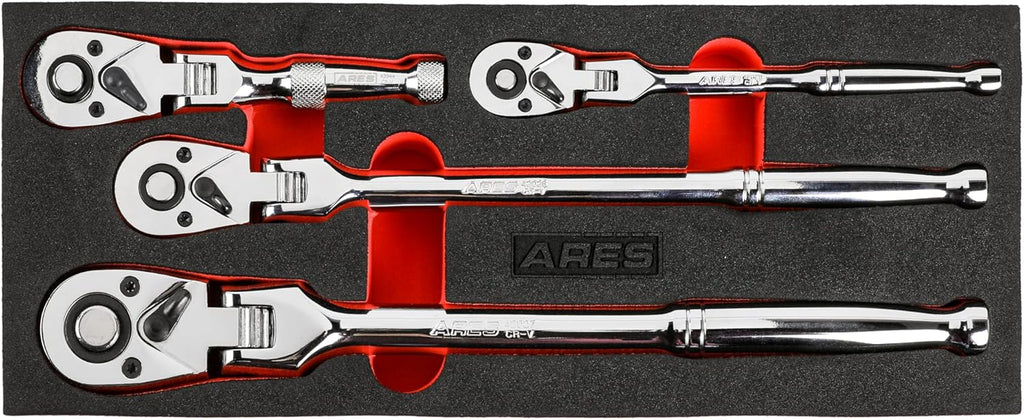 ARES 42040 - Jeu de cliquets à tête flexible - 4 cliquets 72 dents - Construction en acier au chrome-vanadium de qualité supérieure et finition chromée - Conception réversible à dégagement rapide doté de un angle de rotation de 5°