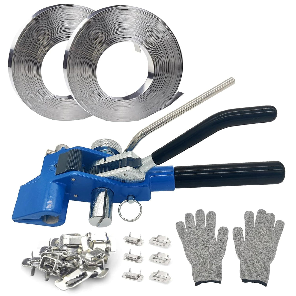 Ensemble de cerclage, kit de cerclage de palettes en acier inoxydable, outil de cerclage métallique, feuillard en acier inoxydable 304 de 61 m (200 pi), 100 boucles métalliques et une paire de gants anti-coupure