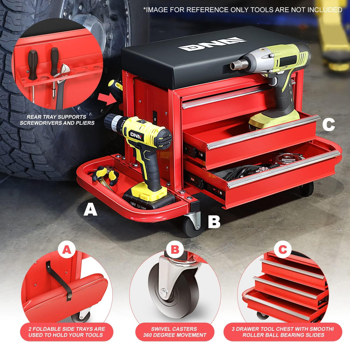 Coffre à outils à 3 tiroirs DNA Motoring TOOLS-00261 avec siège de mécanicien roulant et plateaux à outils, capacité de charge maximale de 159 kg (350 lb), rouge – Pratique
