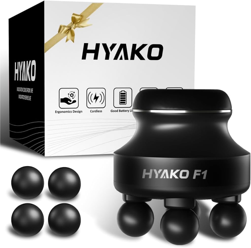 HYAKO F1 Appareil de massage électrique portable à 4 têtes destiné à le corps – Appareil de massage orbital pour usage professionnel portable destiné à soulager les tensions des épaules et du dos, et outil chiropratique destiné à le relâchement...