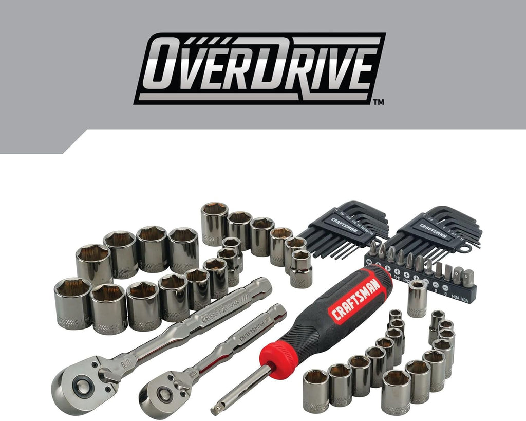 Ensemble d'équipements de mécanicien CRAFTSMAN OVERDRIVE 64 pièces, finition chrome canon de fusil, jeu de douilles standard SAE/métriques, doté de étui rigide (CMMT99064)