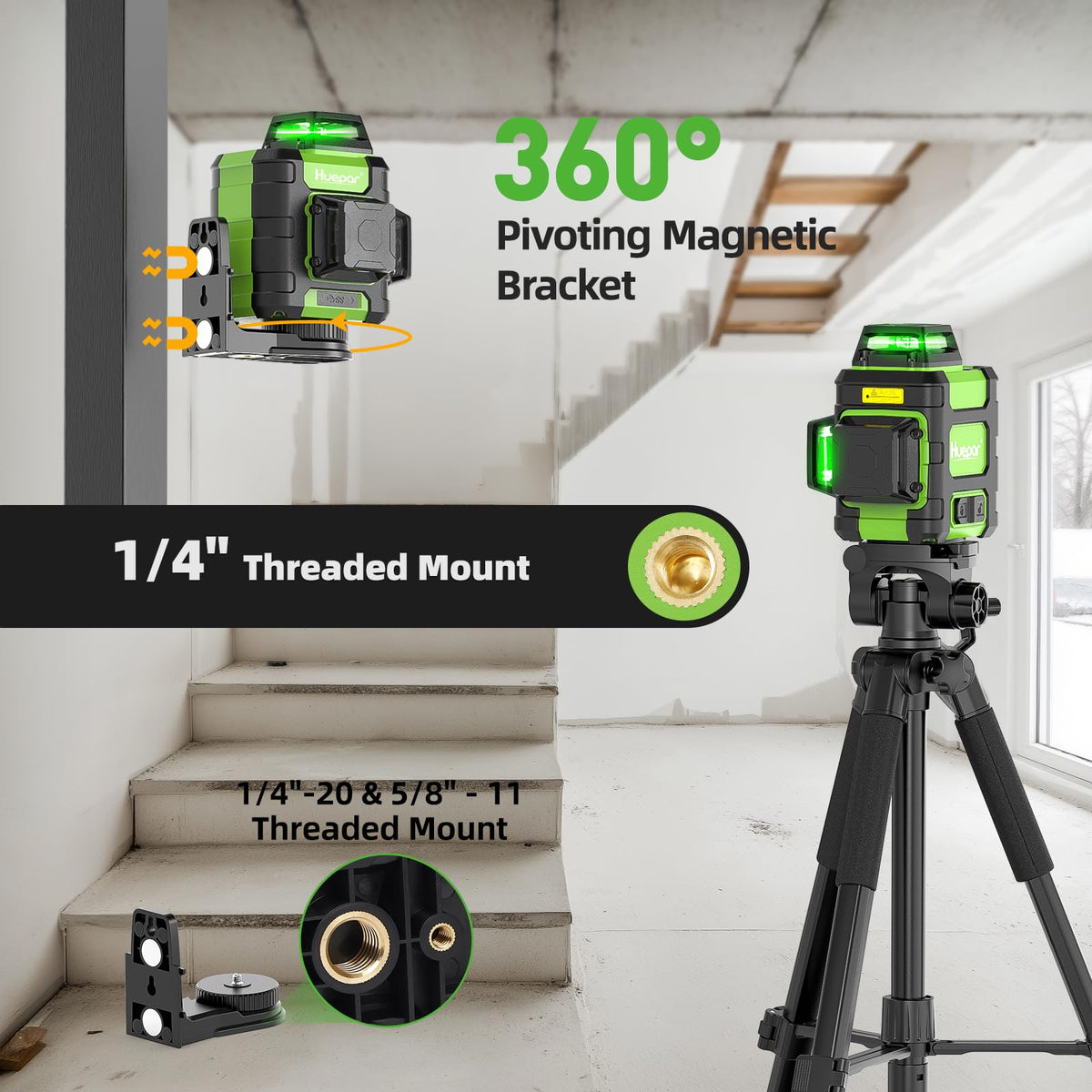 Niveau laser HUEPAR 360° - Dispositif rechargeable vert 3x360°