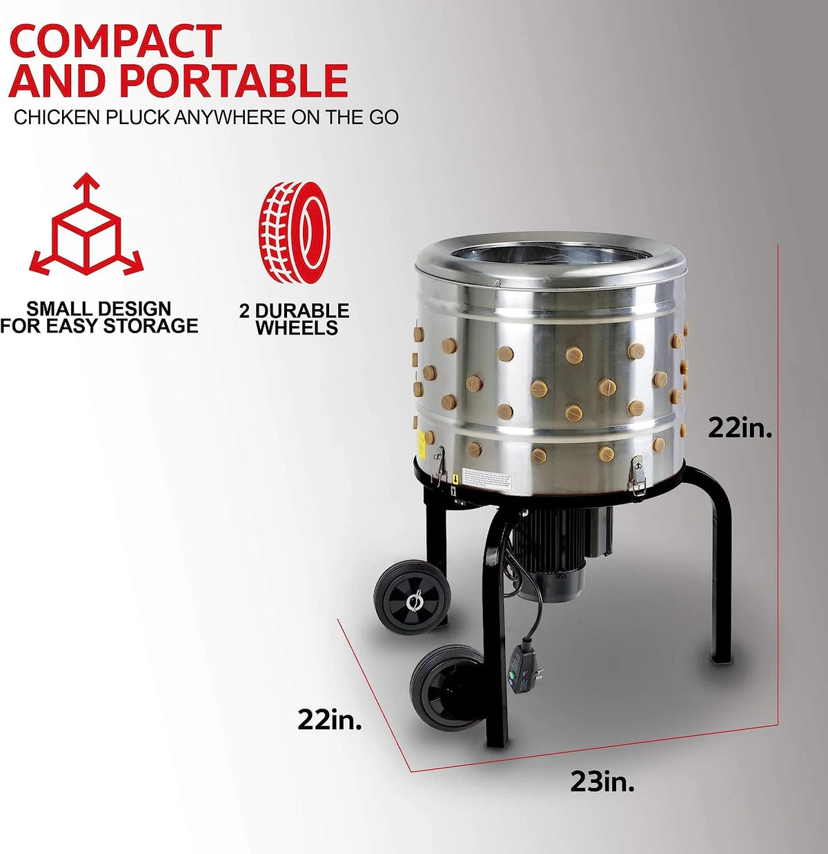 Plumeuse à poulet Kitchener, éplucheuse, robot culinaire destiné à volaille, électrique, en acier inoxydable, robuste, 1 CV, 120 V CA, 280 tr/min, prise GFCI, 92 doigts souples, diamètre du tambour : 20 pouces