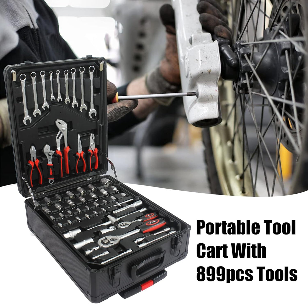 Coffret d'outils pratiques pour la maison et l'automobile - 899 pièces. Coffret d'outils à roulettes, ensemble complet d'outils à main, idéal pour les particuliers, les bricoleurs et les hommes à tout faire.