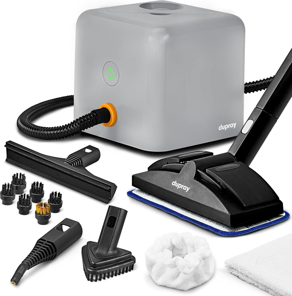 Nettoyeur vapeur Dupray Neat Plus doté de kit d'accessoires de 17 pièces. Un nettoyeur vapeur puissant et polyvalent conçu destiné à le nettoyage en profondeur des sols, des tissus d'ameublement, des joints et plus encore. *Élimine 99,9 % des...
