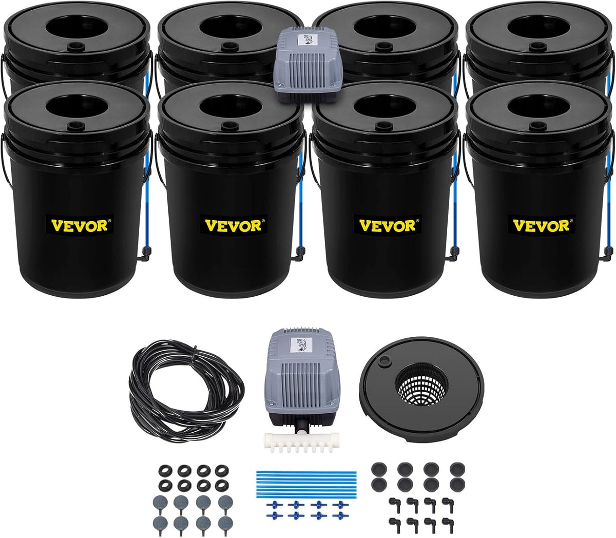 Système hydroponique VEVOR DWC 5 gallons (19 litres) doté de 8 seaux, kit de culture hydroponique en eau profonde, pompe, pierre à air et dispositif de contrôle du niveau d'eau destiné à légumes-feuilles d'intérieur/extérieur