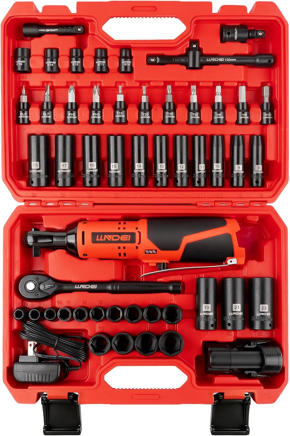 Clé à cliquet électrique sans fil LLNDEI doté de jeu de douilles, cliquet 3/8", couple de 54 Nm (40 pi-lb) à vitesse réglable, batterie lithium-ion 2000 mAh et chargeur inclus, 52 pièces