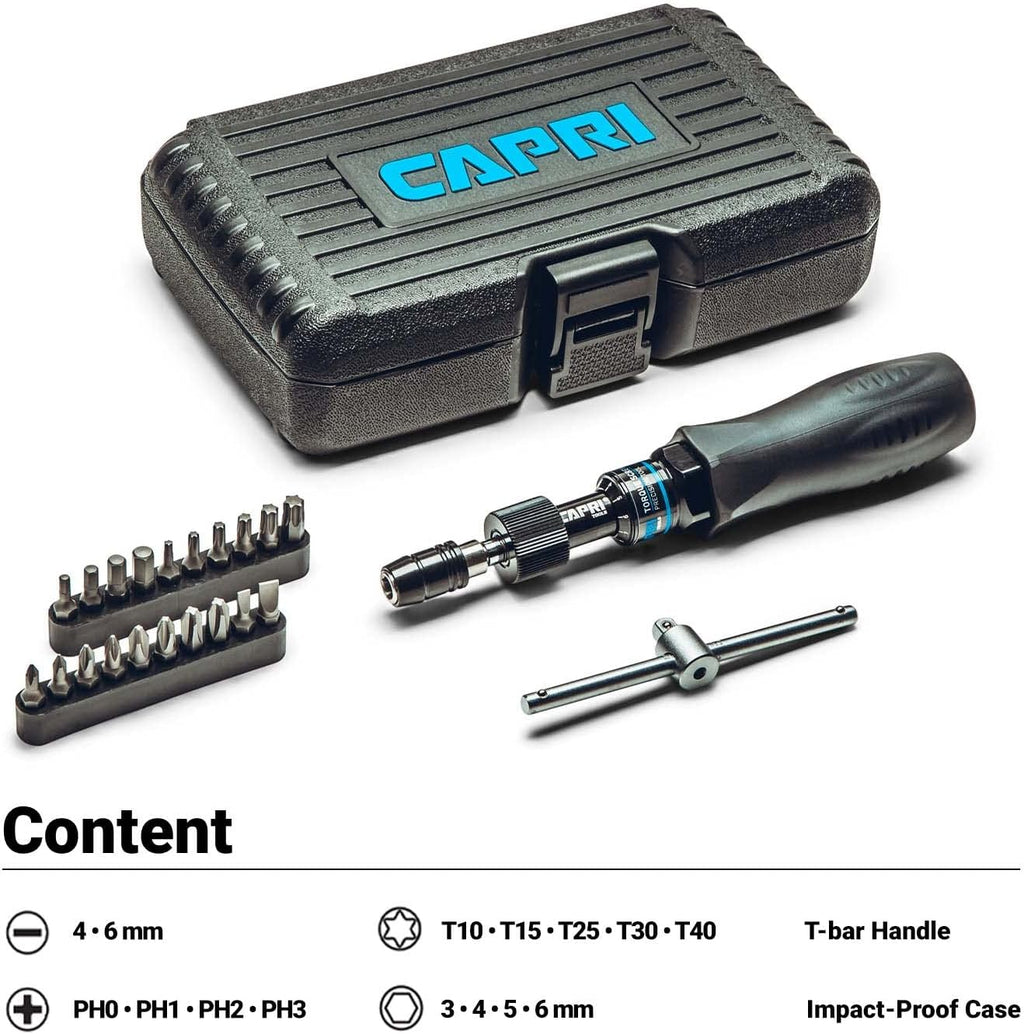 Jeu pour tournevis dynamométriques Capri Tools CP21075 certifié, petit, noir, 10-50 po-lb / Manuel